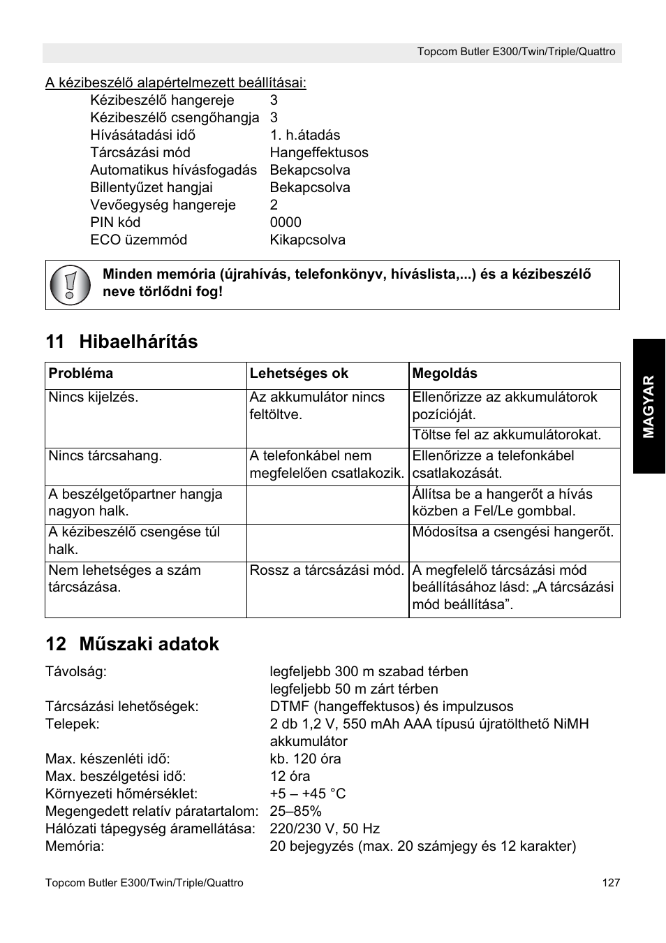 11 hibaelhárítás 12 m ħszaki adatok | Topcom Butler E300 User Manual | Page 131 / 208