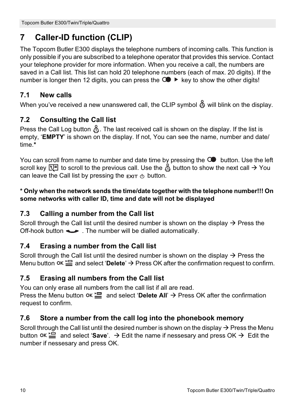 7caller-id function (clip) | Topcom Butler E300 User Manual | Page 14 / 208