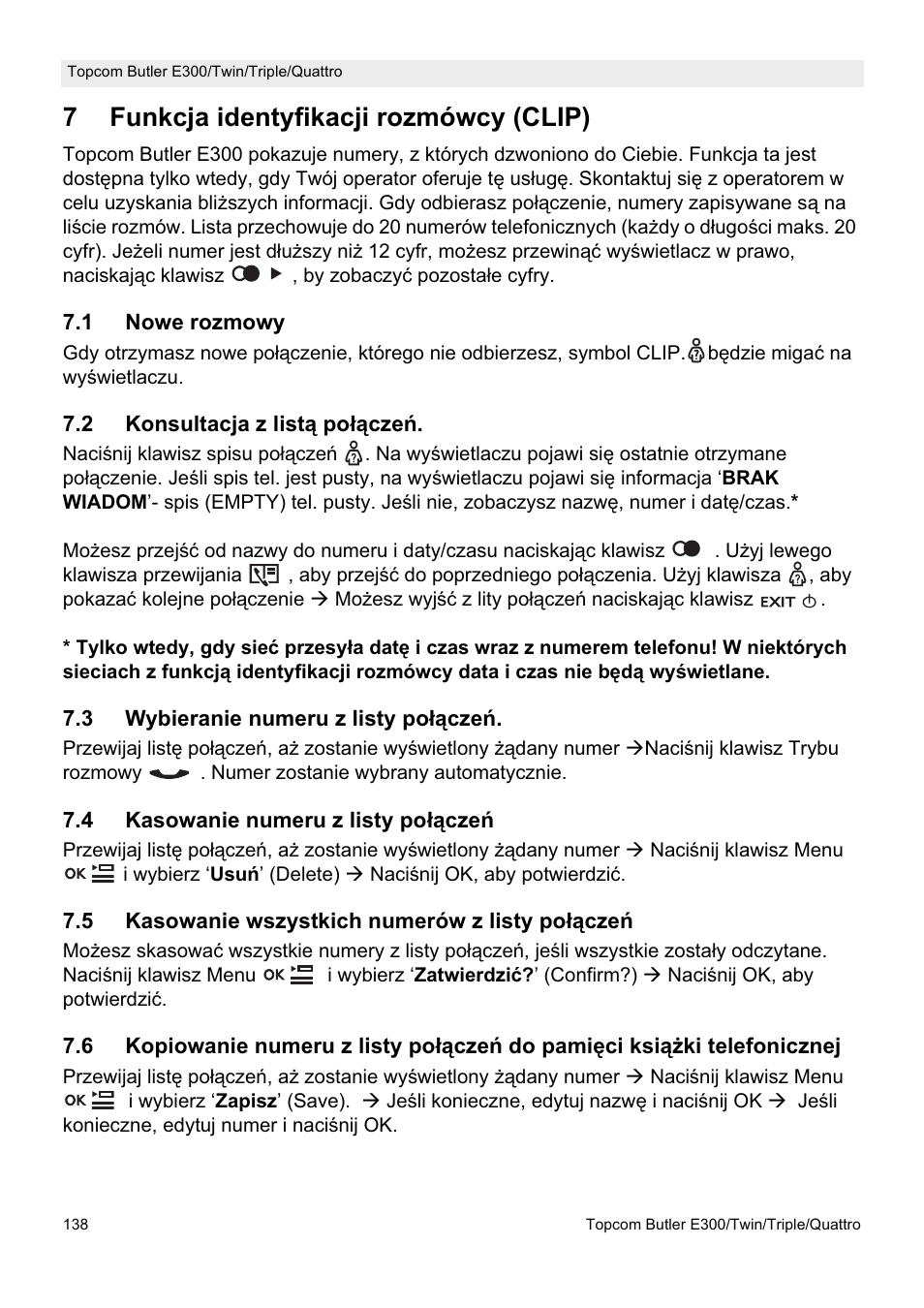 7funkcja identyfikacji rozmówcy (clip) | Topcom Butler E300 User Manual | Page 142 / 208
