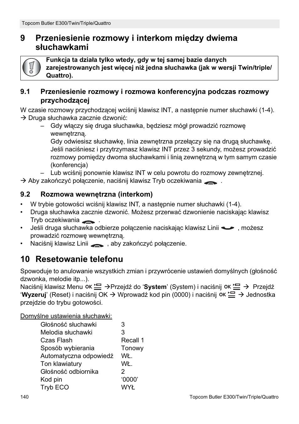 10 resetowanie telefonu | Topcom Butler E300 User Manual | Page 144 / 208