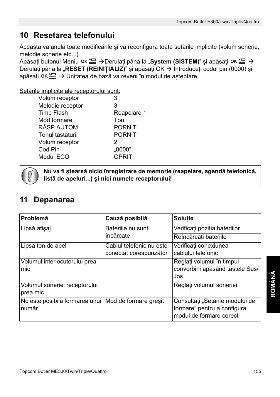 10 resetarea telefonului, 11 depanarea | Topcom Butler E300 User Manual | Page 159 / 208