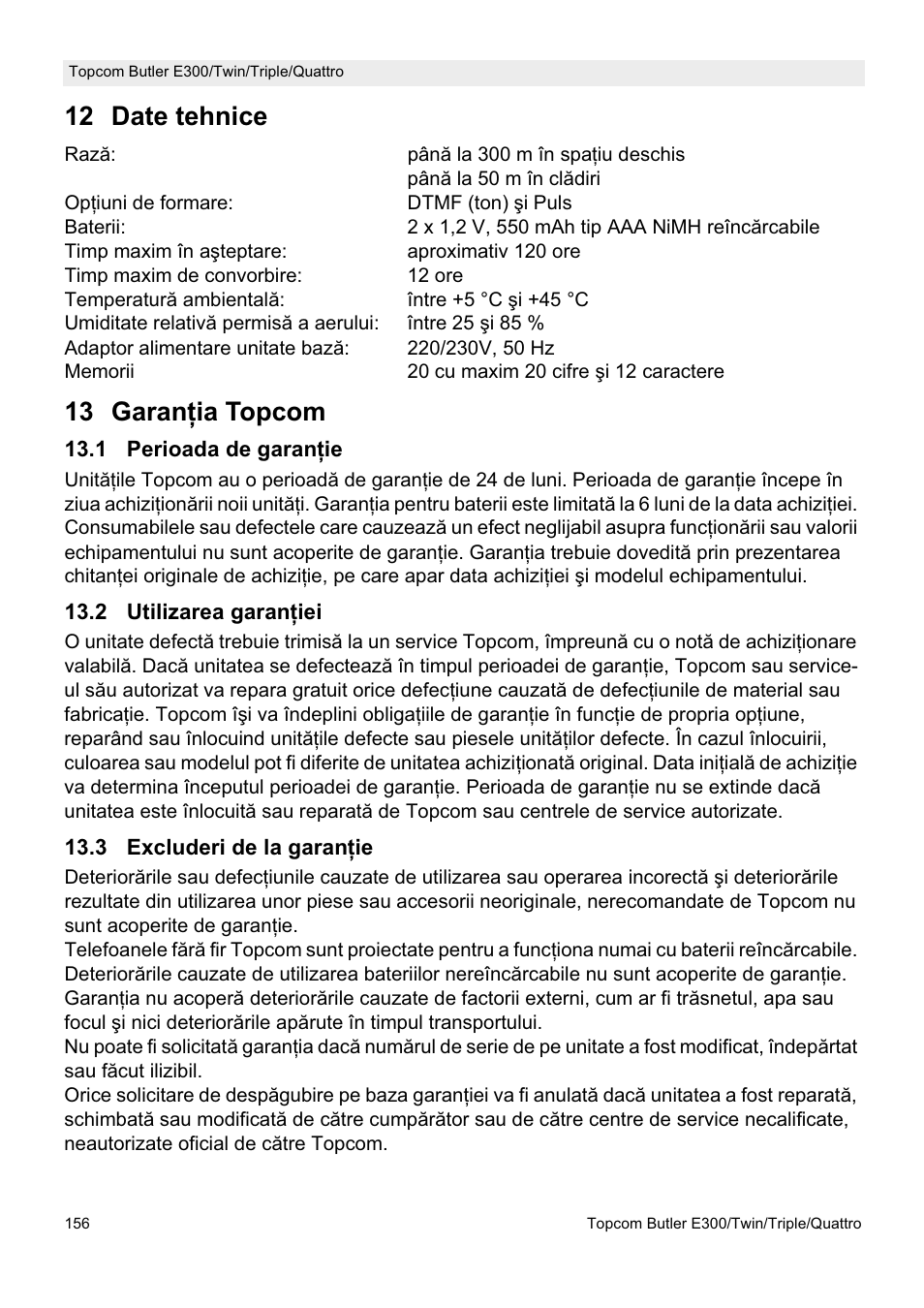 12 date tehnice, 13 garan ġia topcom | Topcom Butler E300 User Manual | Page 160 / 208