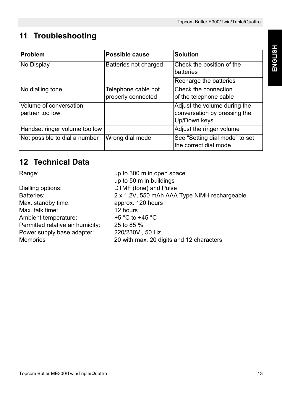 11 troubleshooting 12 technical data | Topcom Butler E300 User Manual | Page 17 / 208