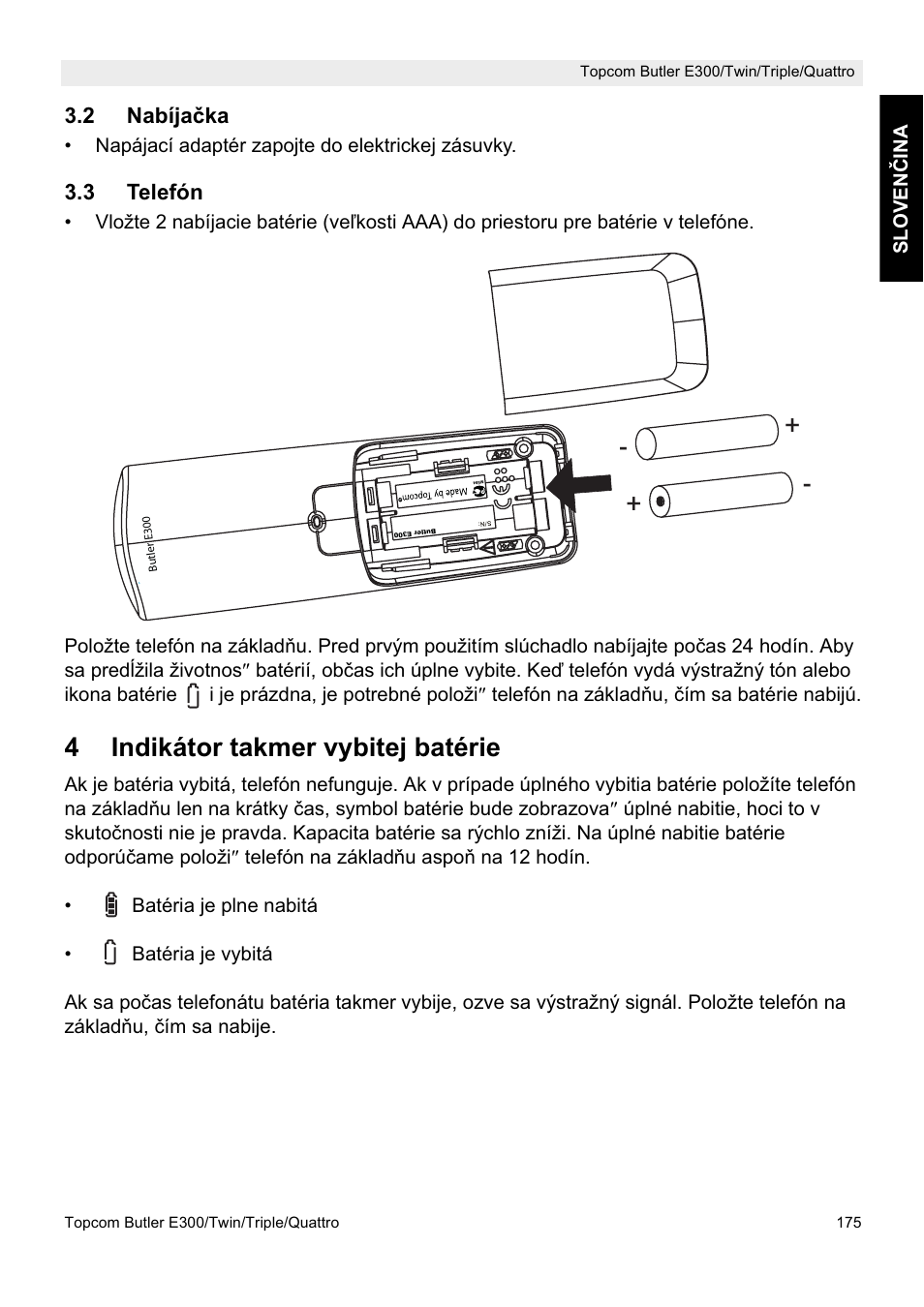 4indikátor takmer vybitej batérie | Topcom Butler E300 User Manual | Page 179 / 208
