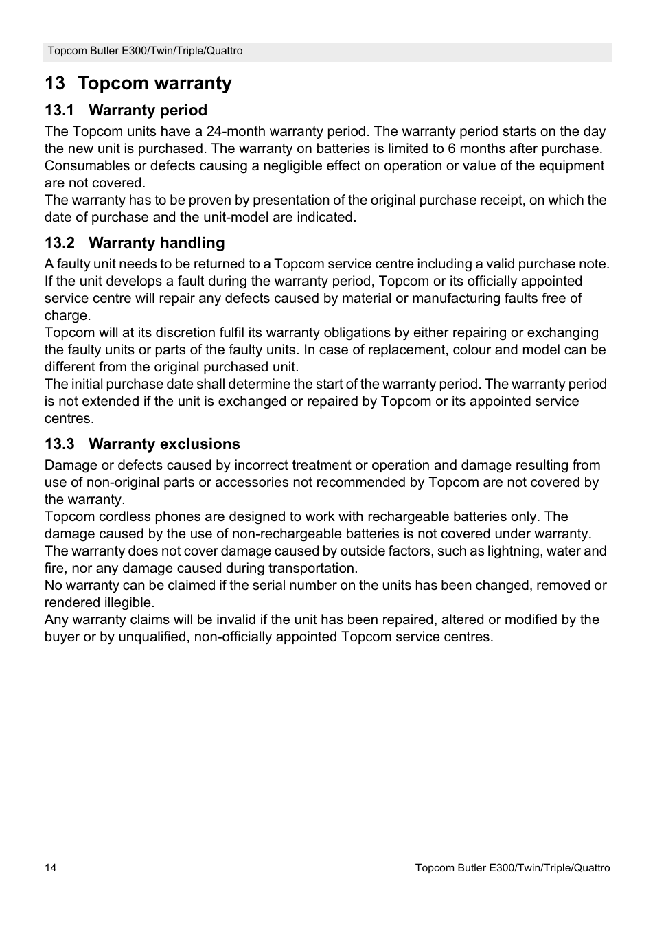 13 topcom warranty | Topcom Butler E300 User Manual | Page 18 / 208