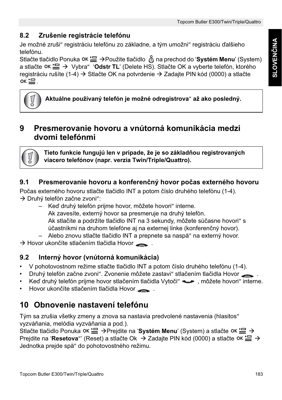 10 obnovenie nastavení telefónu | Topcom Butler E300 User Manual | Page 187 / 208