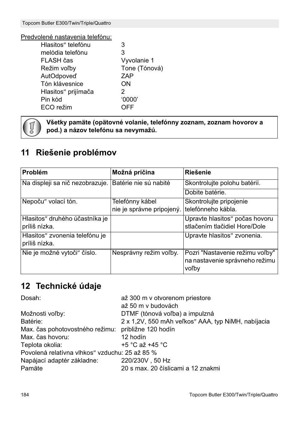 11 riešenie problémov 12 technické údaje | Topcom Butler E300 User Manual | Page 188 / 208