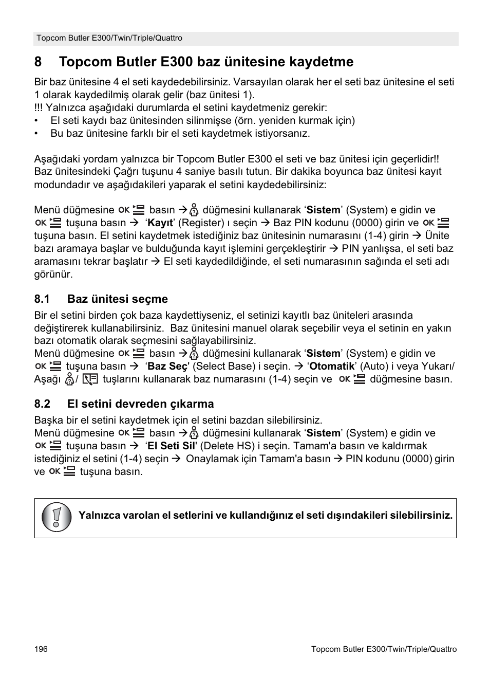 8topcom butler e300 baz ünitesine kaydetme | Topcom Butler E300 User Manual | Page 200 / 208