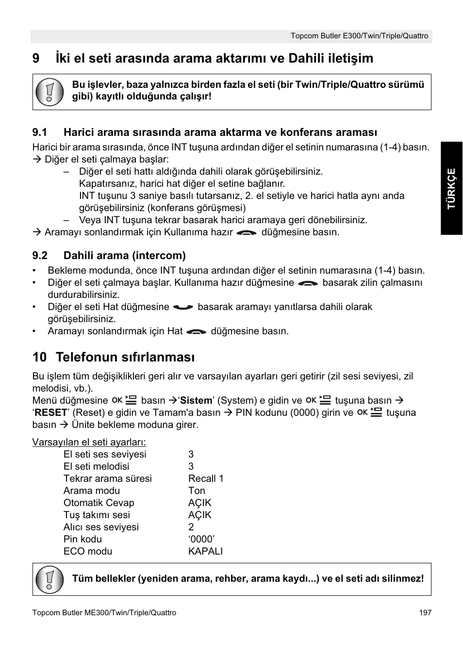 10 telefonun sıfırlanması | Topcom Butler E300 User Manual | Page 201 / 208