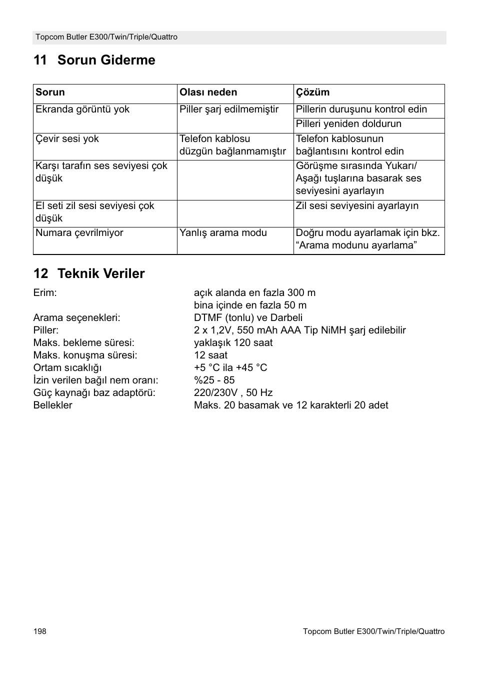 11 sorun giderme 12 teknik veriler | Topcom Butler E300 User Manual | Page 202 / 208