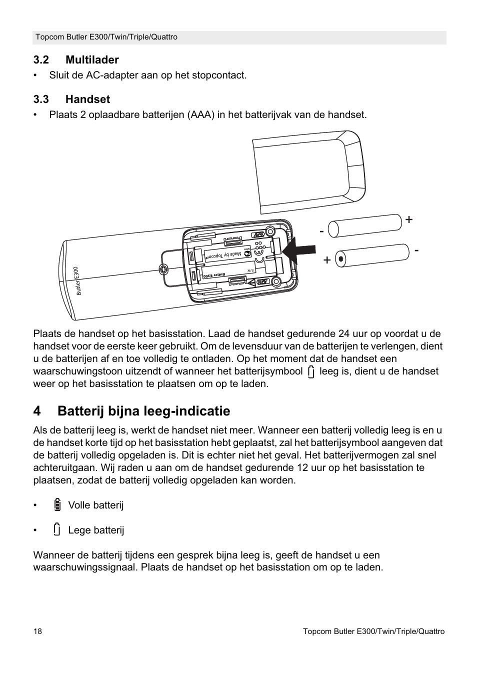 4batterij bijna leeg-indicatie | Topcom Butler E300 User Manual | Page 22 / 208