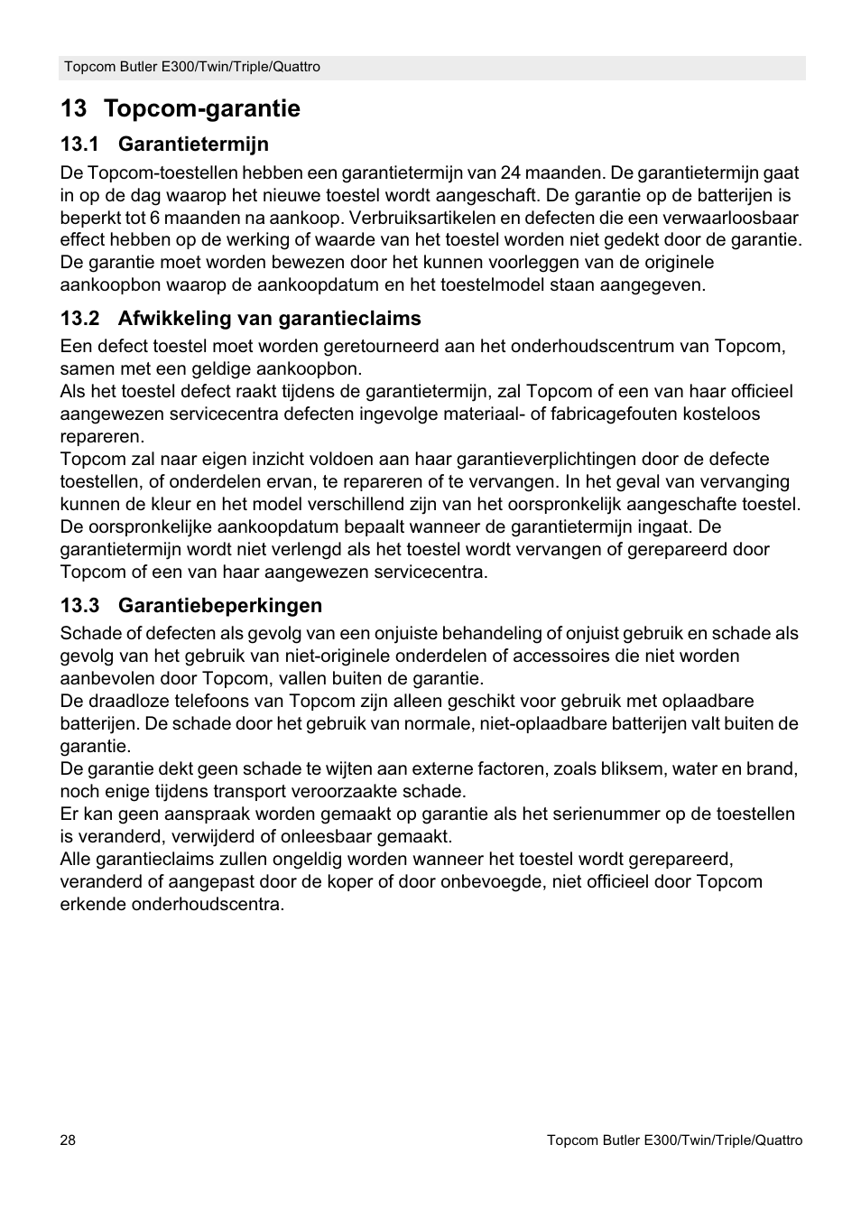 13 topcom-garantie | Topcom Butler E300 User Manual | Page 32 / 208