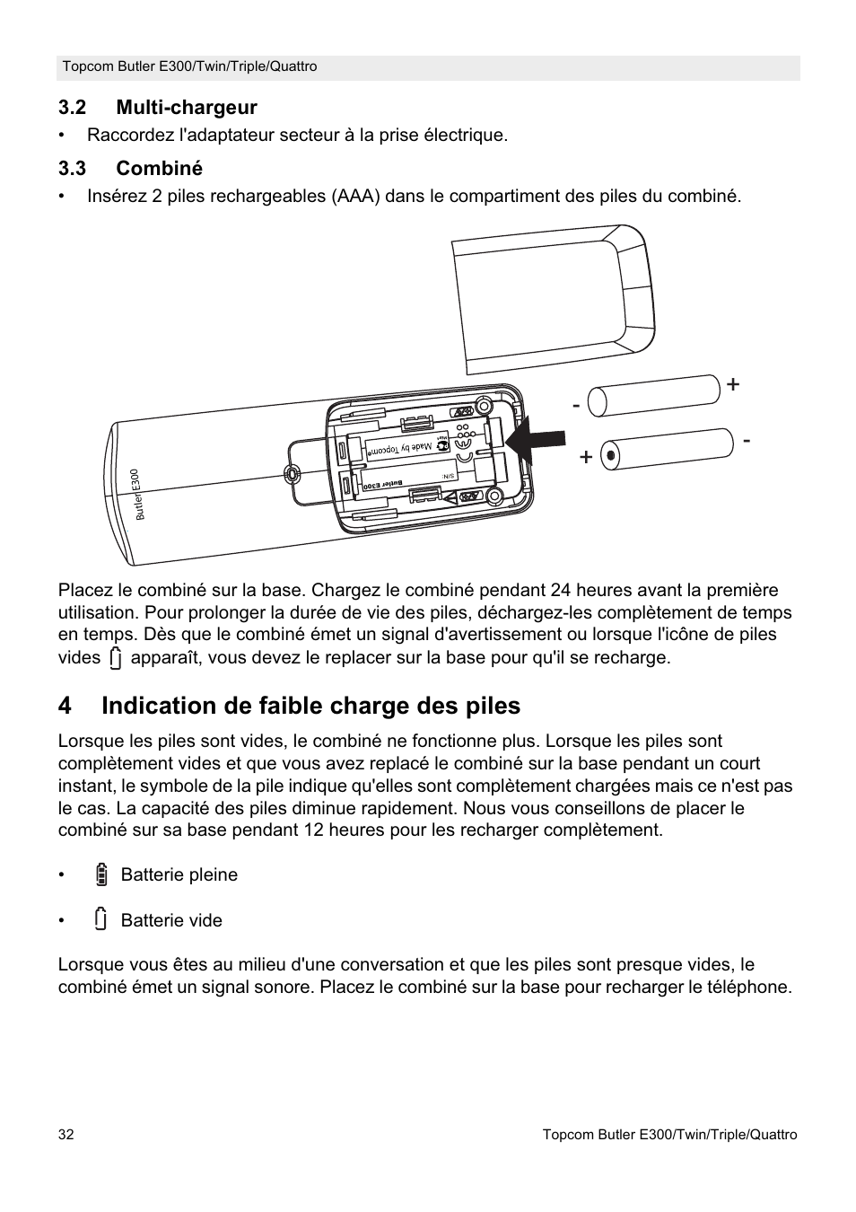 4indication de faible charge des piles | Topcom Butler E300 User Manual | Page 36 / 208