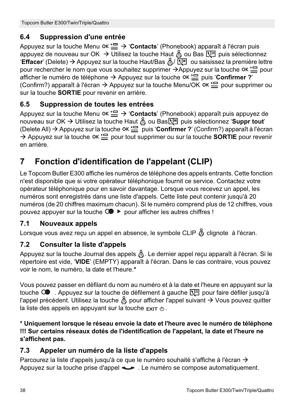 7fonction d'identification de l'appelant (clip) | Topcom Butler E300 User Manual | Page 42 / 208