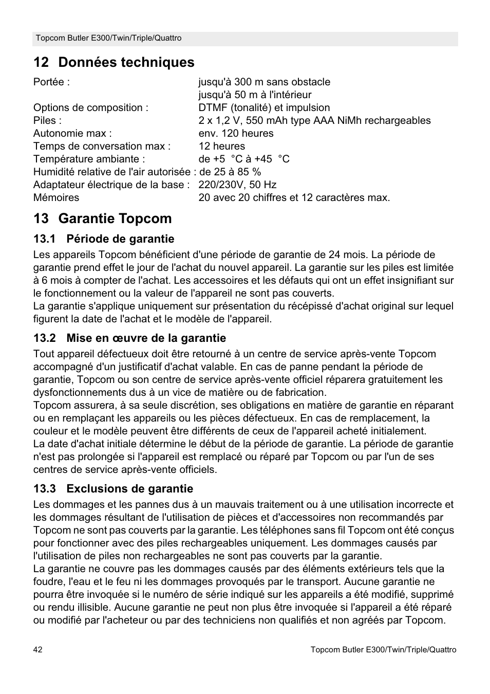 12 données techniques, 13 garantie topcom | Topcom Butler E300 User Manual | Page 46 / 208