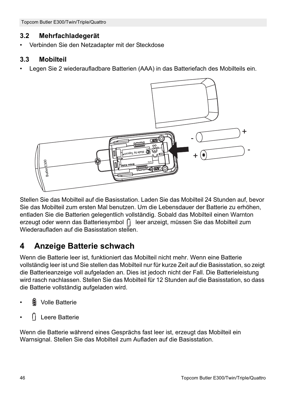 4anzeige batterie schwach | Topcom Butler E300 User Manual | Page 50 / 208