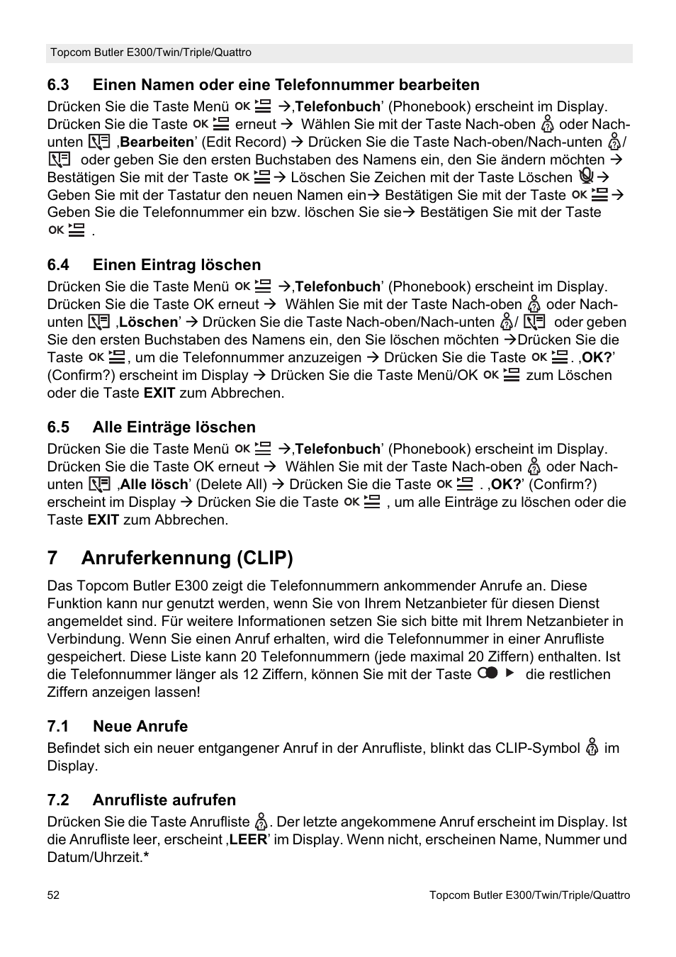 7anruferkennung (clip) | Topcom Butler E300 User Manual | Page 56 / 208