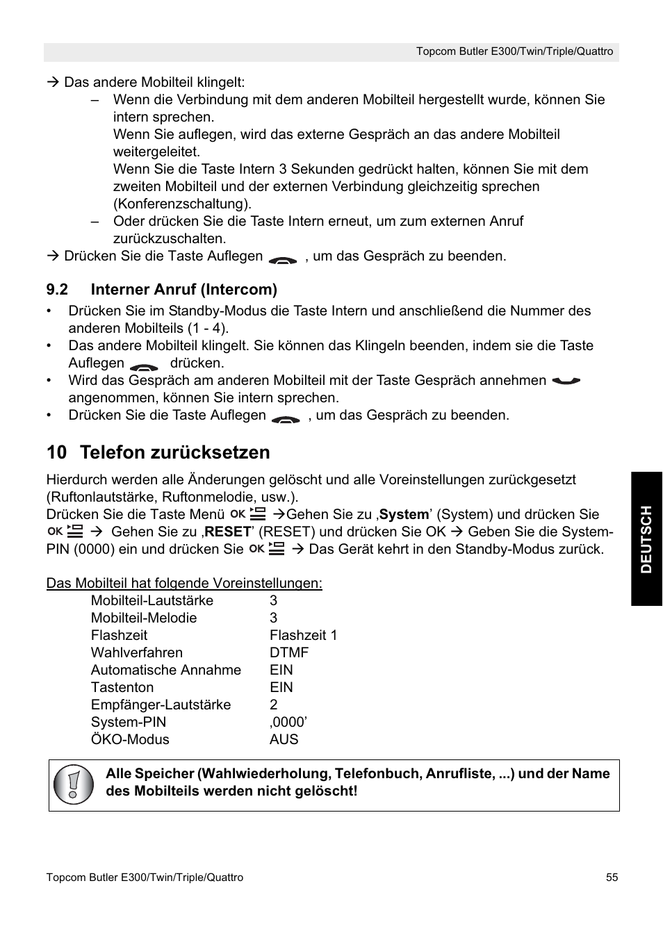 10 telefon zurücksetzen | Topcom Butler E300 User Manual | Page 59 / 208