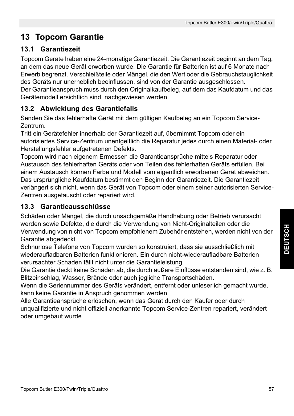 13 topcom garantie | Topcom Butler E300 User Manual | Page 61 / 208