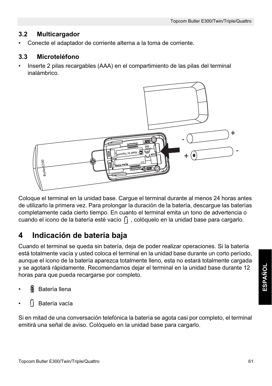 4indicación de batería baja | Topcom Butler E300 User Manual | Page 65 / 208