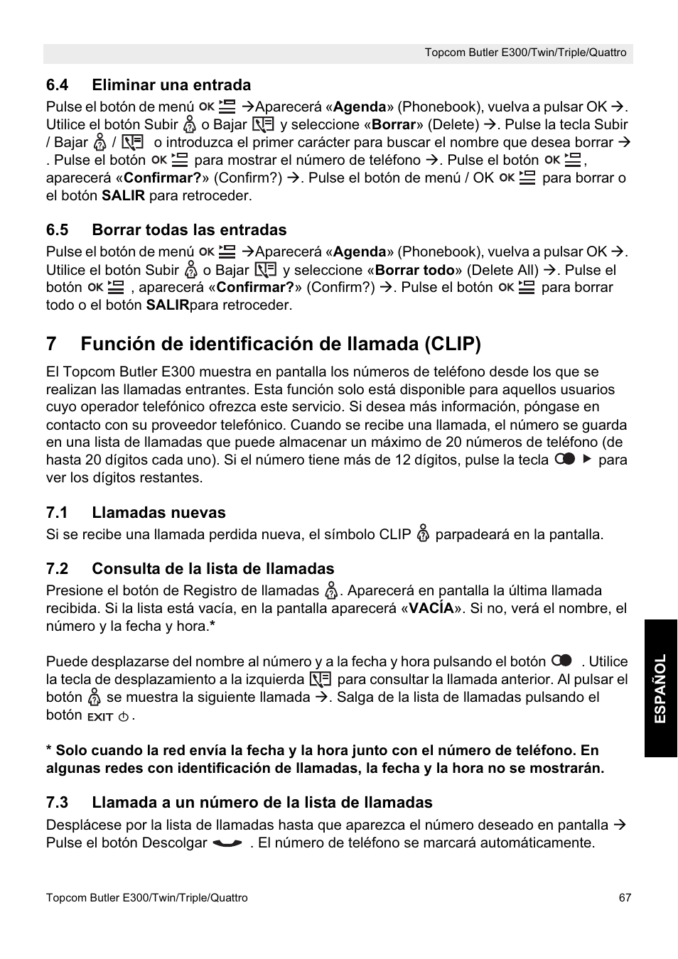 7función de identificación de llamada (clip) | Topcom Butler E300 User Manual | Page 71 / 208