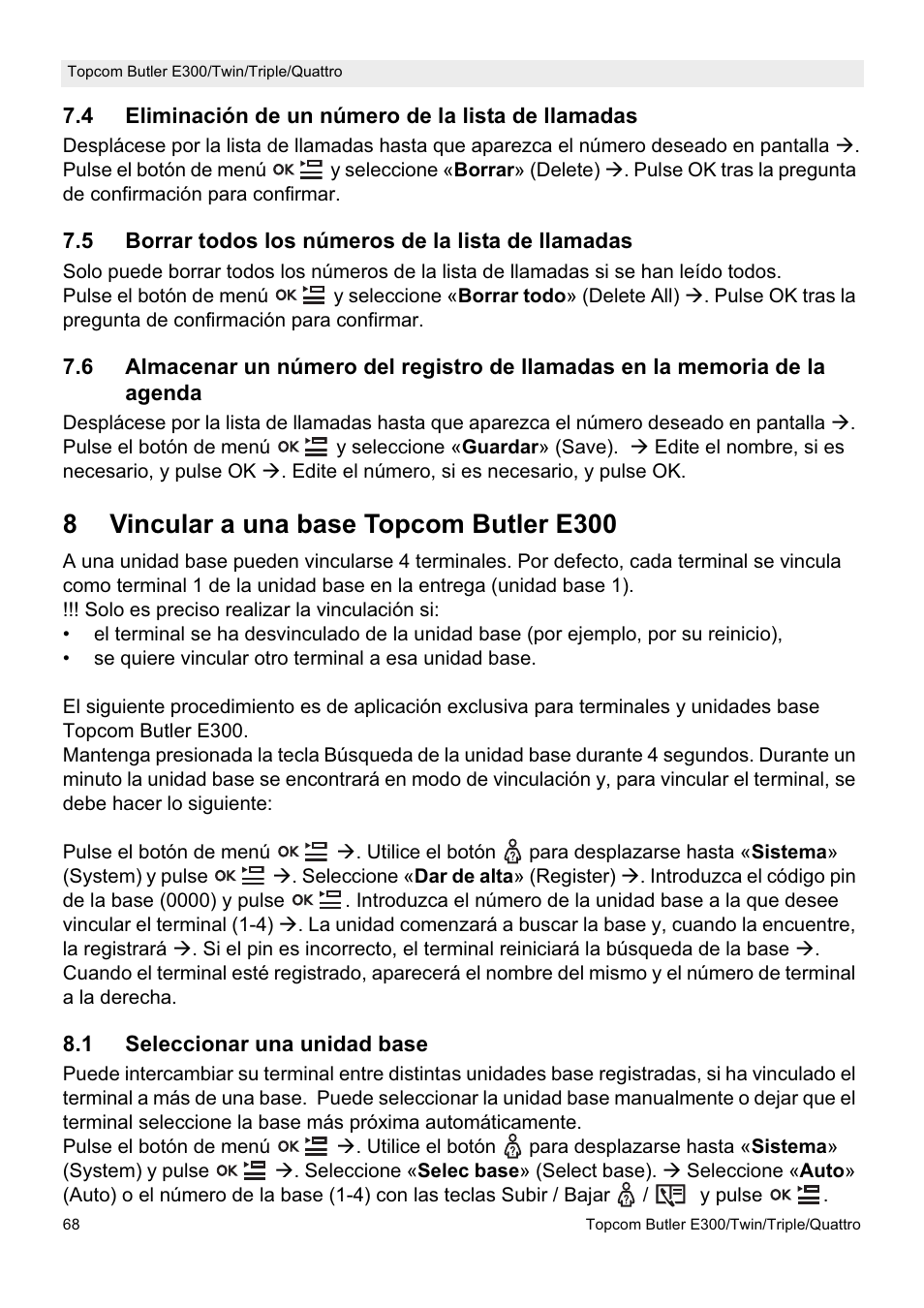 8vincular a una base topcom butler e300 | Topcom Butler E300 User Manual | Page 72 / 208