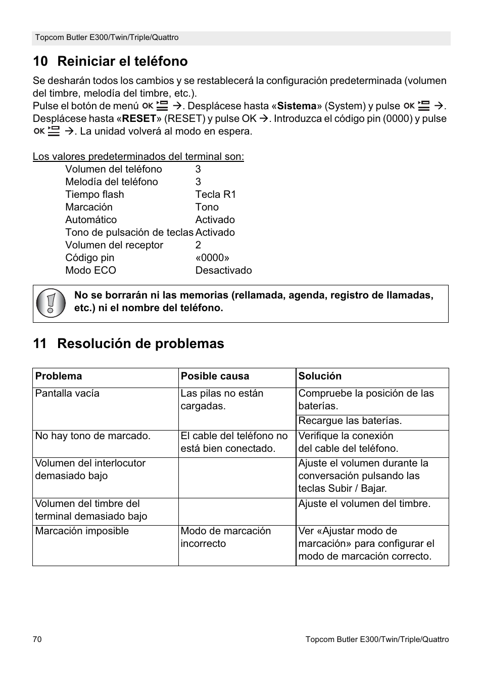 10 reiniciar el teléfono, 11 resolución de problemas | Topcom Butler E300 User Manual | Page 74 / 208