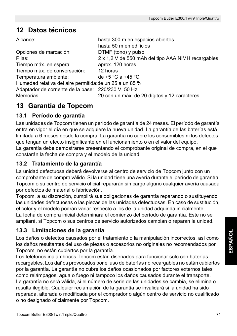 12 datos técnicos, 13 garantía de topcom | Topcom Butler E300 User Manual | Page 75 / 208
