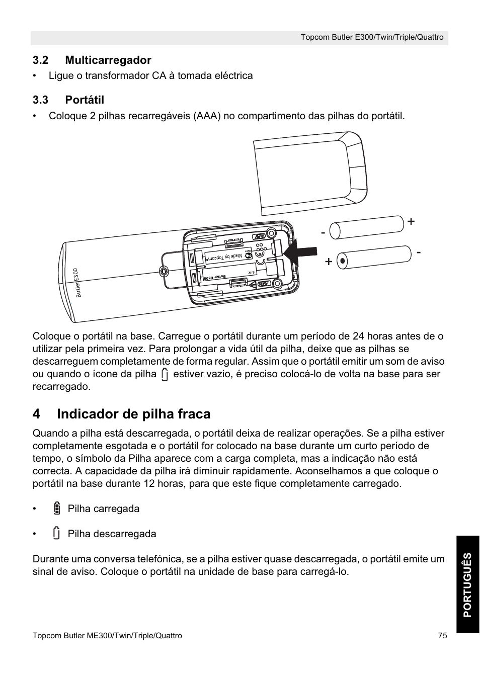 4indicador de pilha fraca | Topcom Butler E300 User Manual | Page 79 / 208