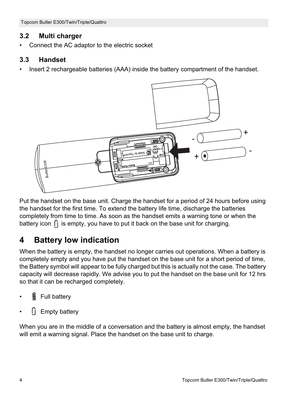 4battery low indication | Topcom Butler E300 User Manual | Page 8 / 208