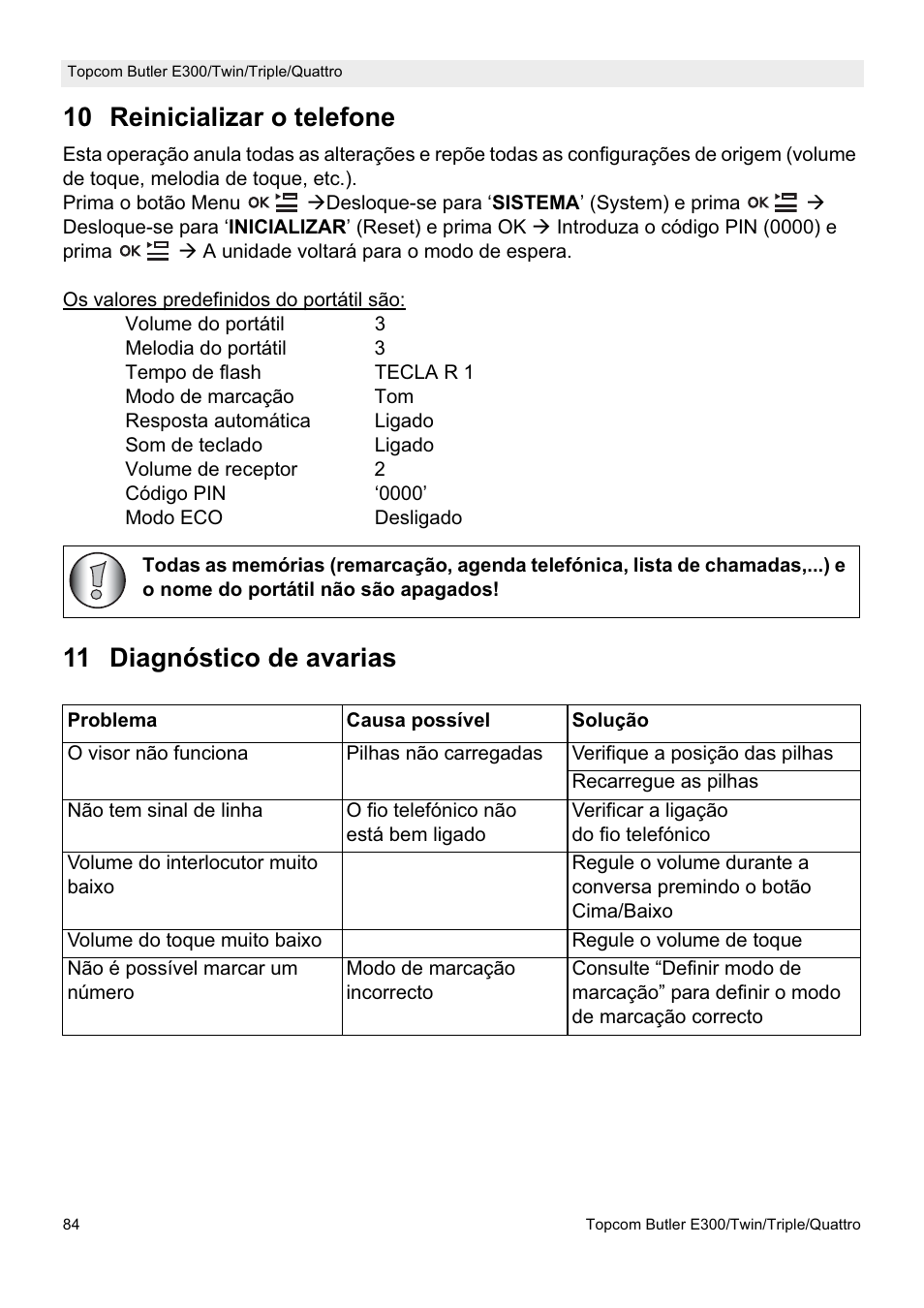 10 reinicializar o telefone, 11 diagnóstico de avarias | Topcom Butler E300 User Manual | Page 88 / 208