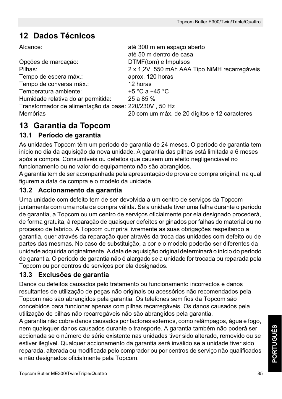 12 dados técnicos, 13 garantia da topcom | Topcom Butler E300 User Manual | Page 89 / 208