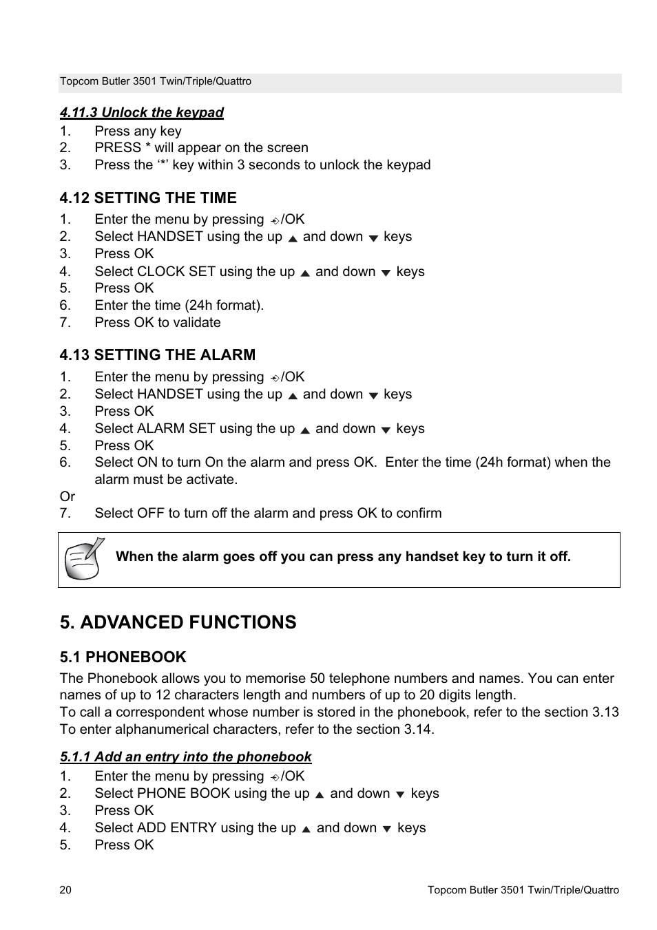 Advanced functions | Topcom Butler 3501 User Manual | Page 20 / 28