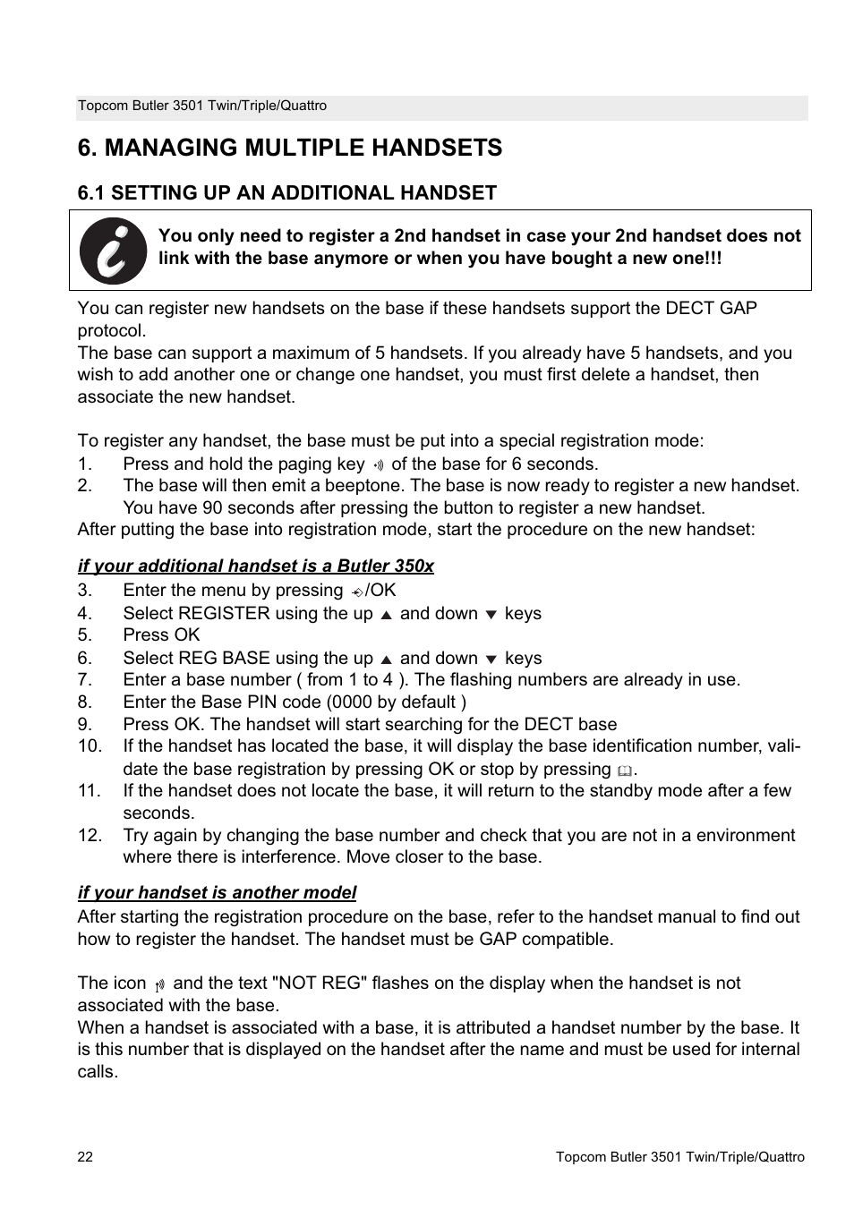 Managing multiple handsets | Topcom Butler 3501 User Manual | Page 22 / 28