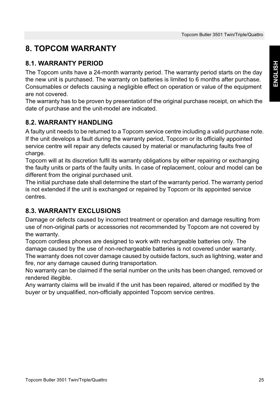 Topcom warranty | Topcom Butler 3501 User Manual | Page 25 / 28