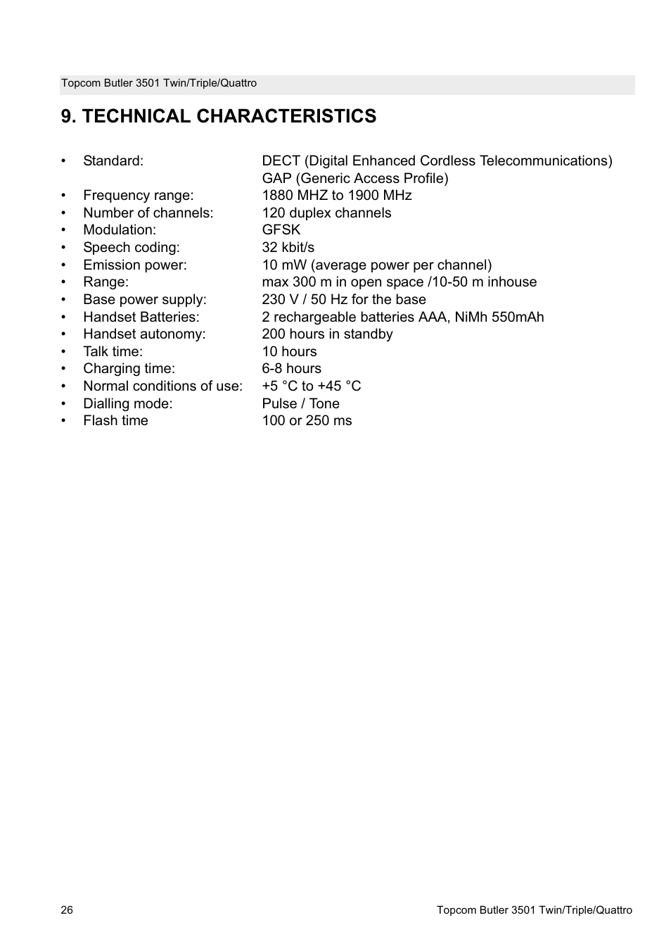 Technical characteristics | Topcom Butler 3501 User Manual | Page 26 / 28