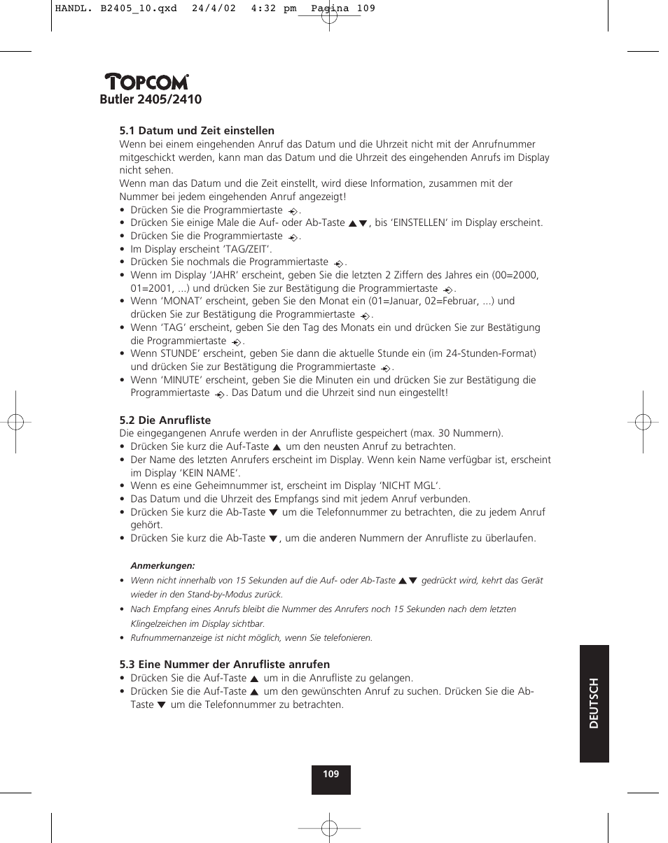 Topcom BUTLER 2410 User Manual | Page 109 / 116