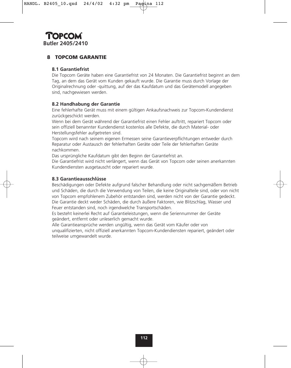 Topcom BUTLER 2410 User Manual | Page 112 / 116