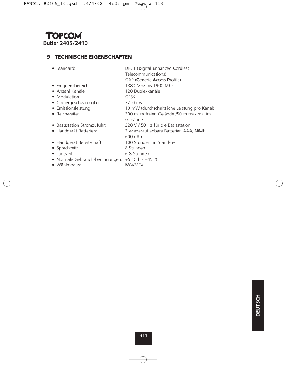 Topcom BUTLER 2410 User Manual | Page 113 / 116