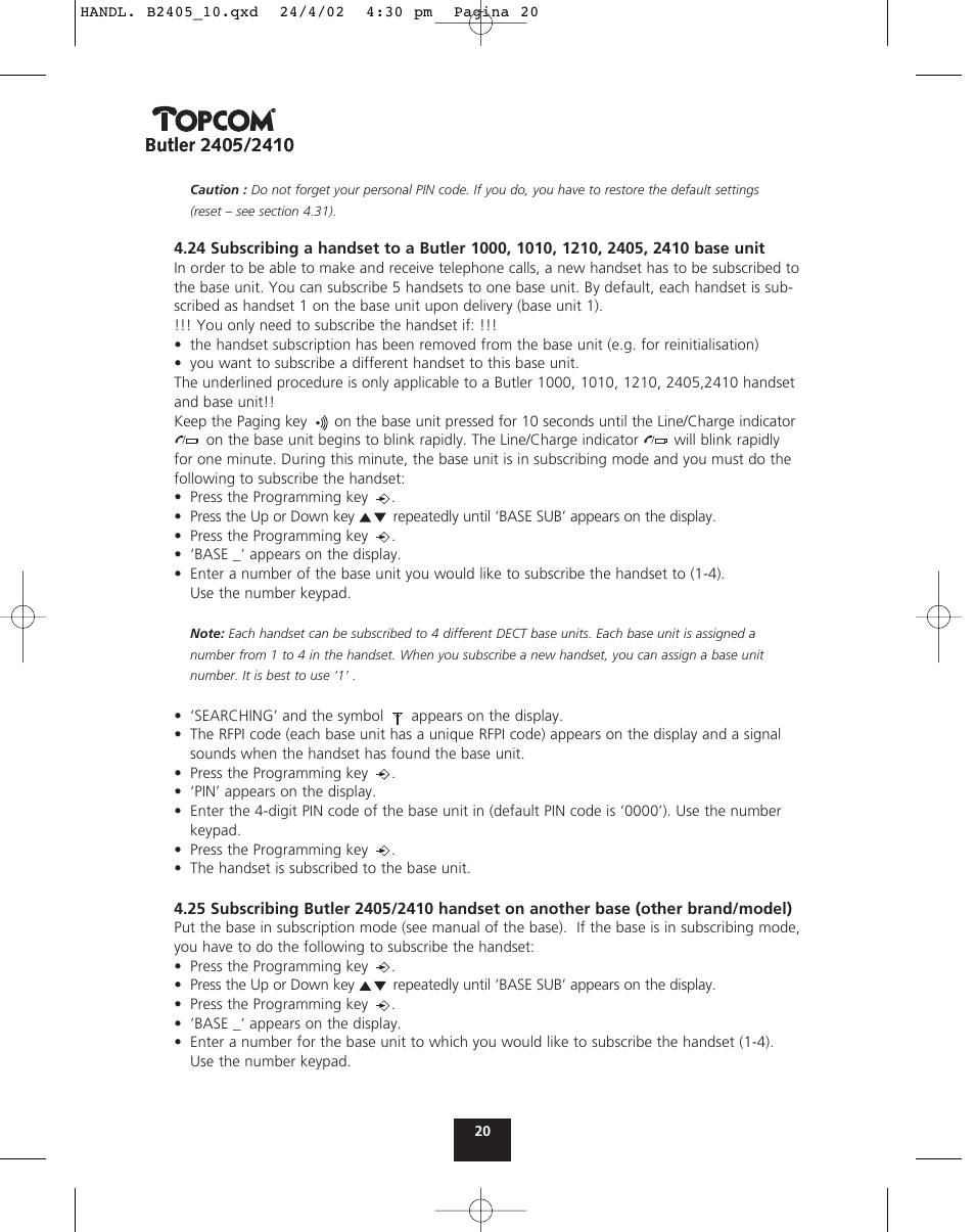 Topcom BUTLER 2410 User Manual | Page 20 / 116
