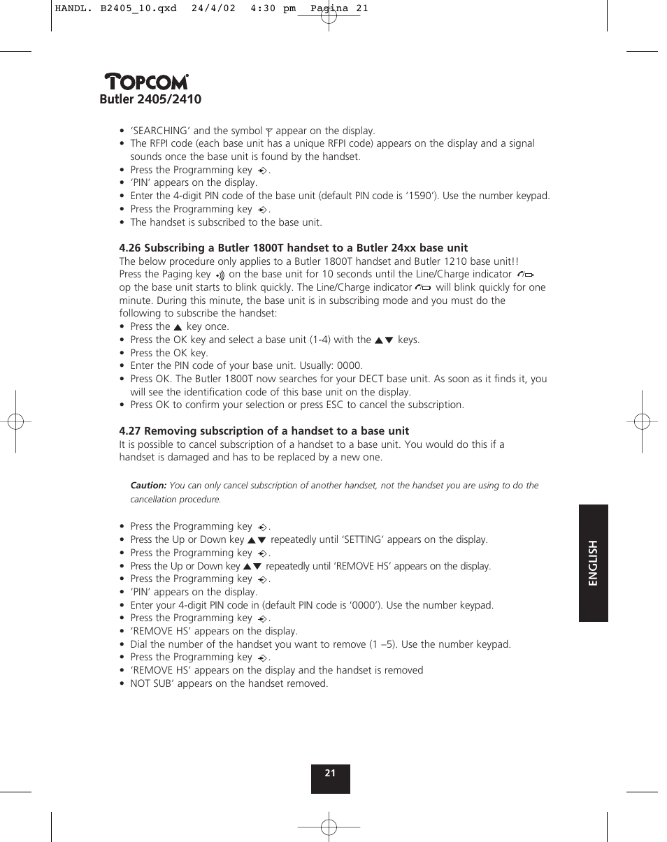 Topcom BUTLER 2410 User Manual | Page 21 / 116