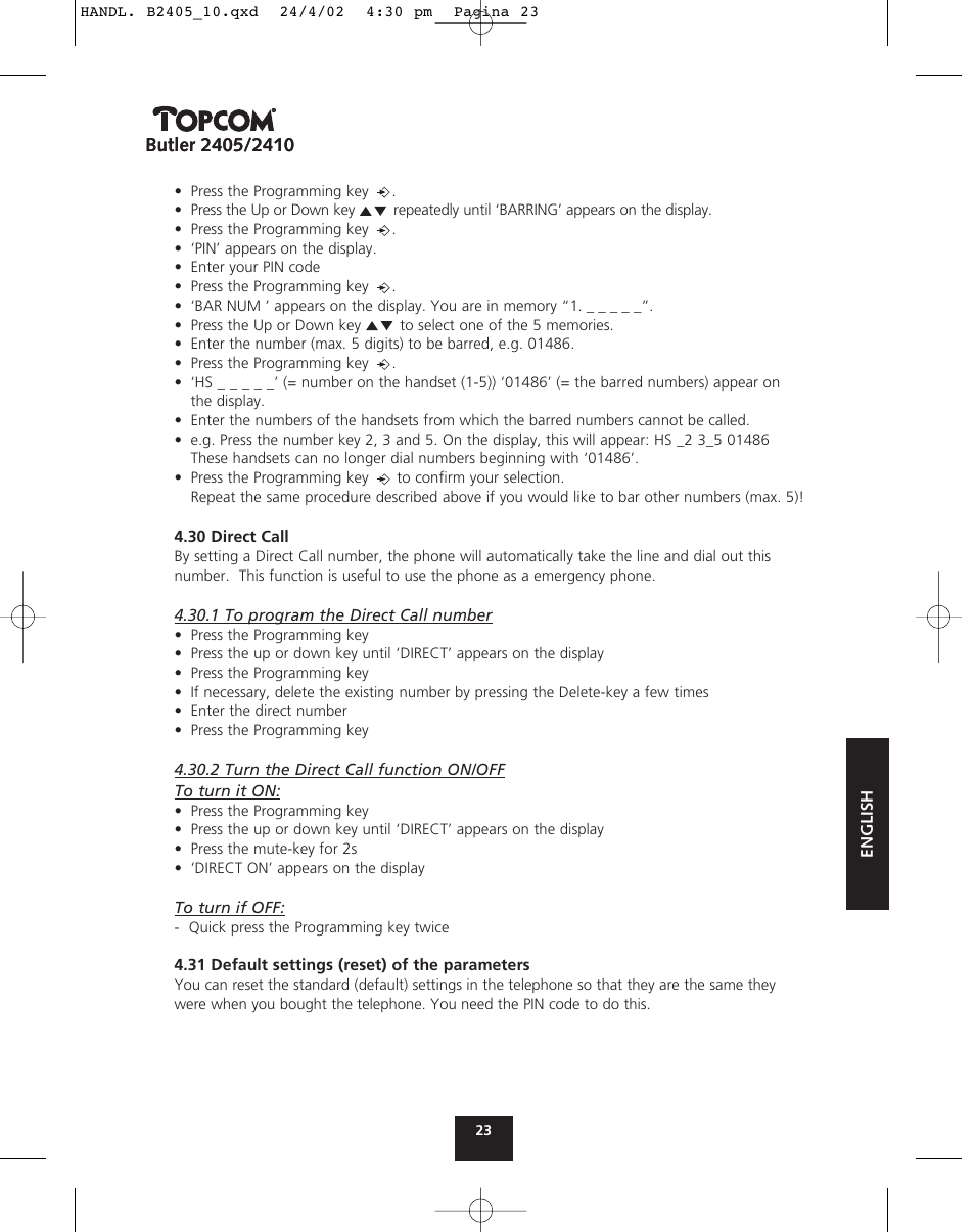 Topcom BUTLER 2410 User Manual | Page 23 / 116