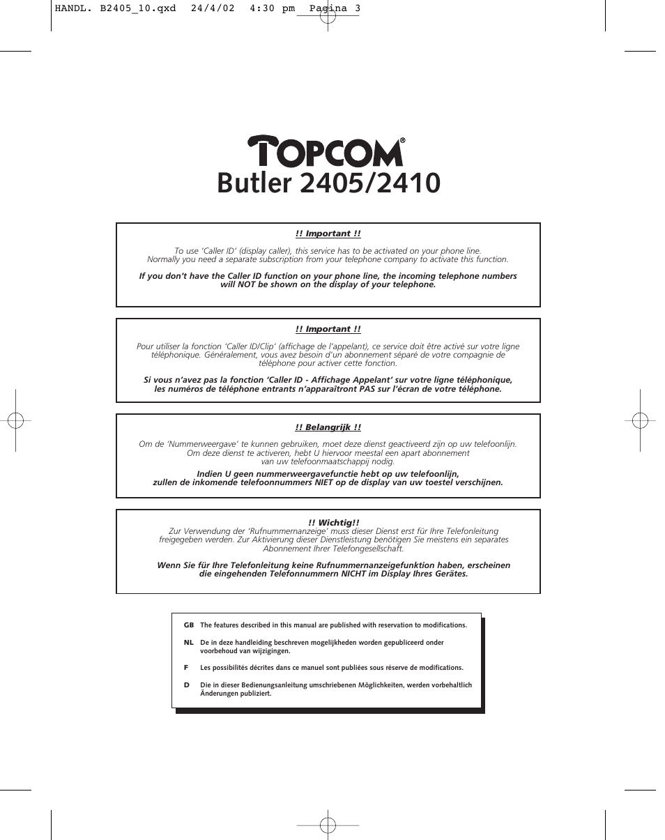 Topcom BUTLER 2410 User Manual | Page 3 / 116