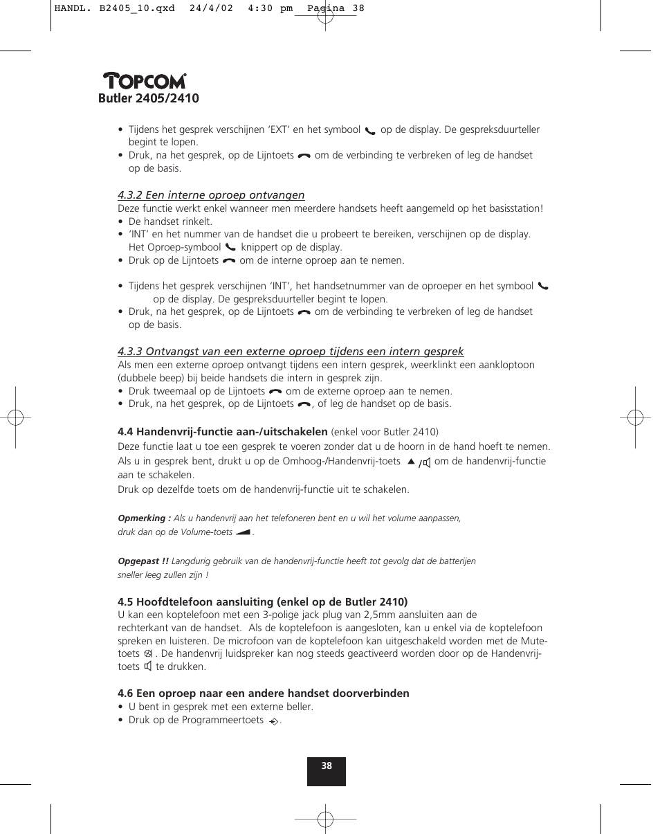 Topcom BUTLER 2410 User Manual | Page 38 / 116