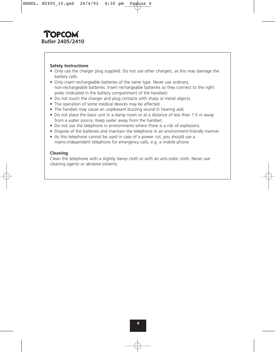 Topcom BUTLER 2410 User Manual | Page 4 / 116