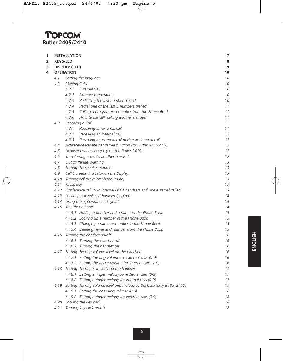 Topcom BUTLER 2410 User Manual | Page 5 / 116