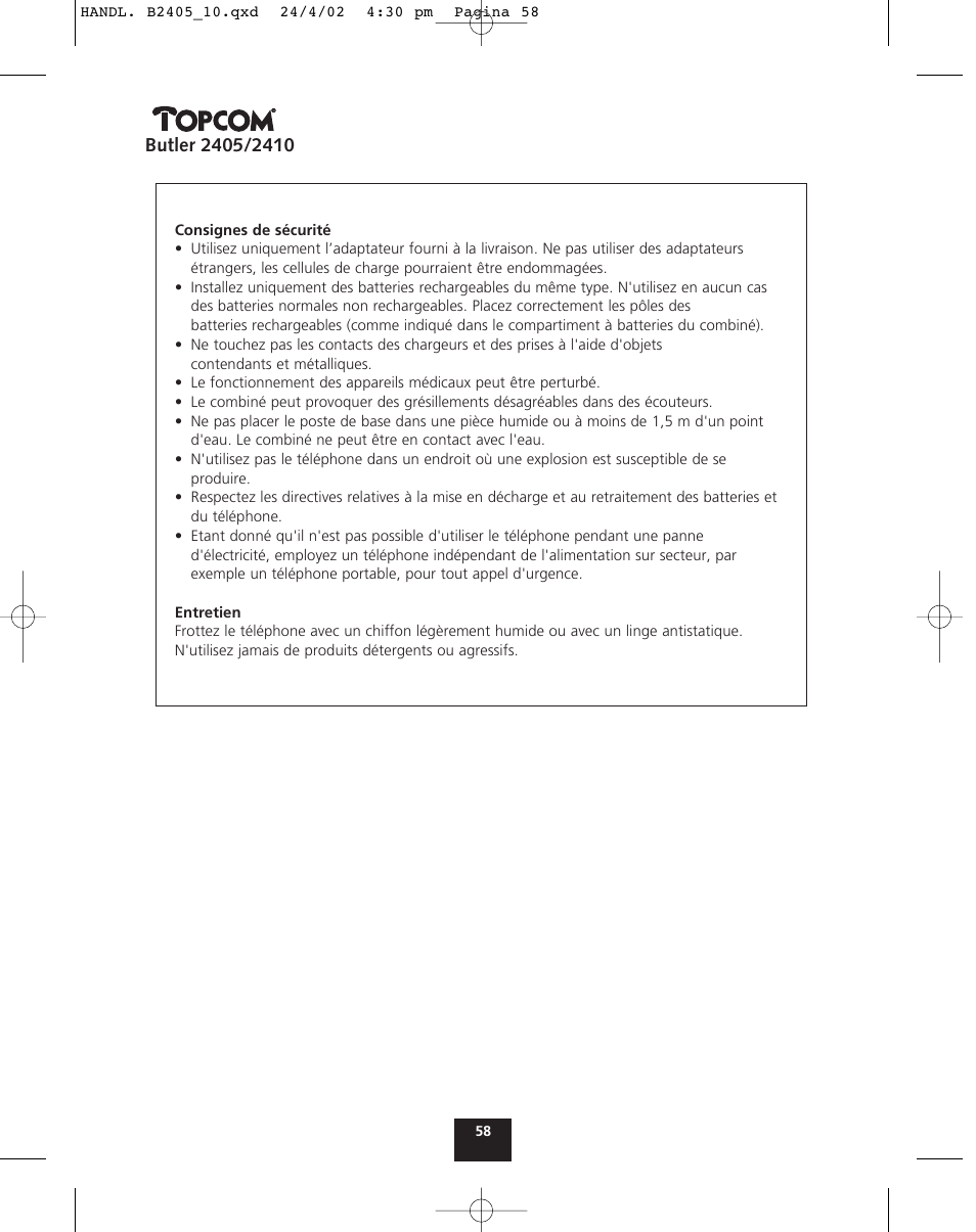 Topcom BUTLER 2410 User Manual | Page 58 / 116