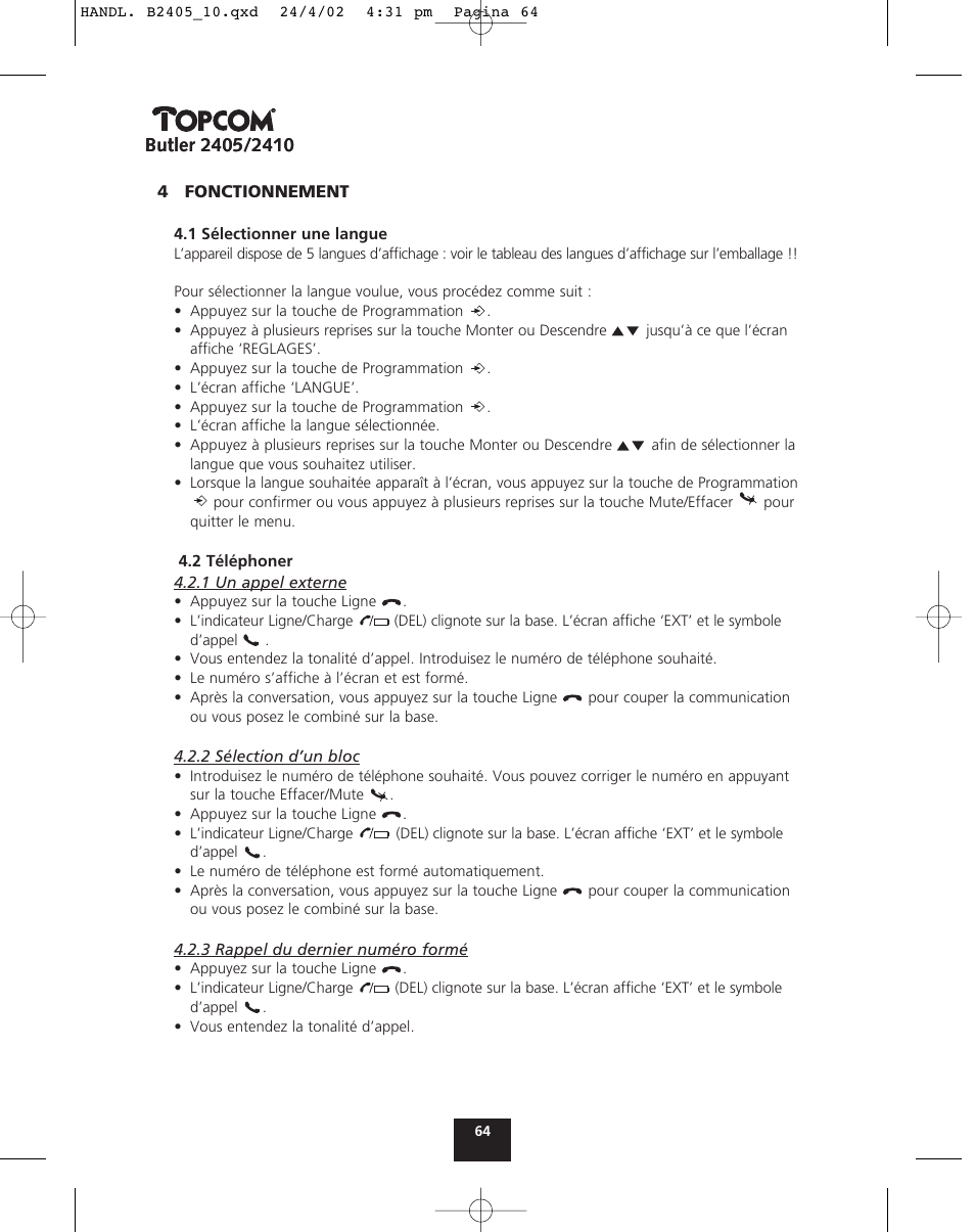 Topcom BUTLER 2410 User Manual | Page 64 / 116