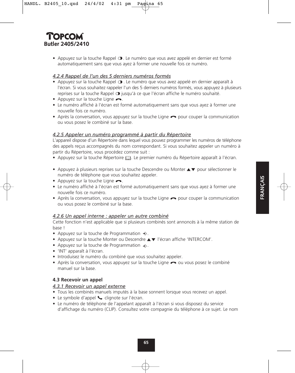 Topcom BUTLER 2410 User Manual | Page 65 / 116