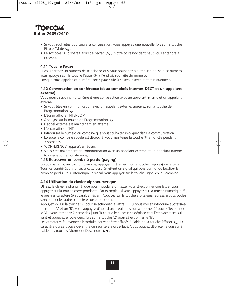 Topcom BUTLER 2410 User Manual | Page 68 / 116